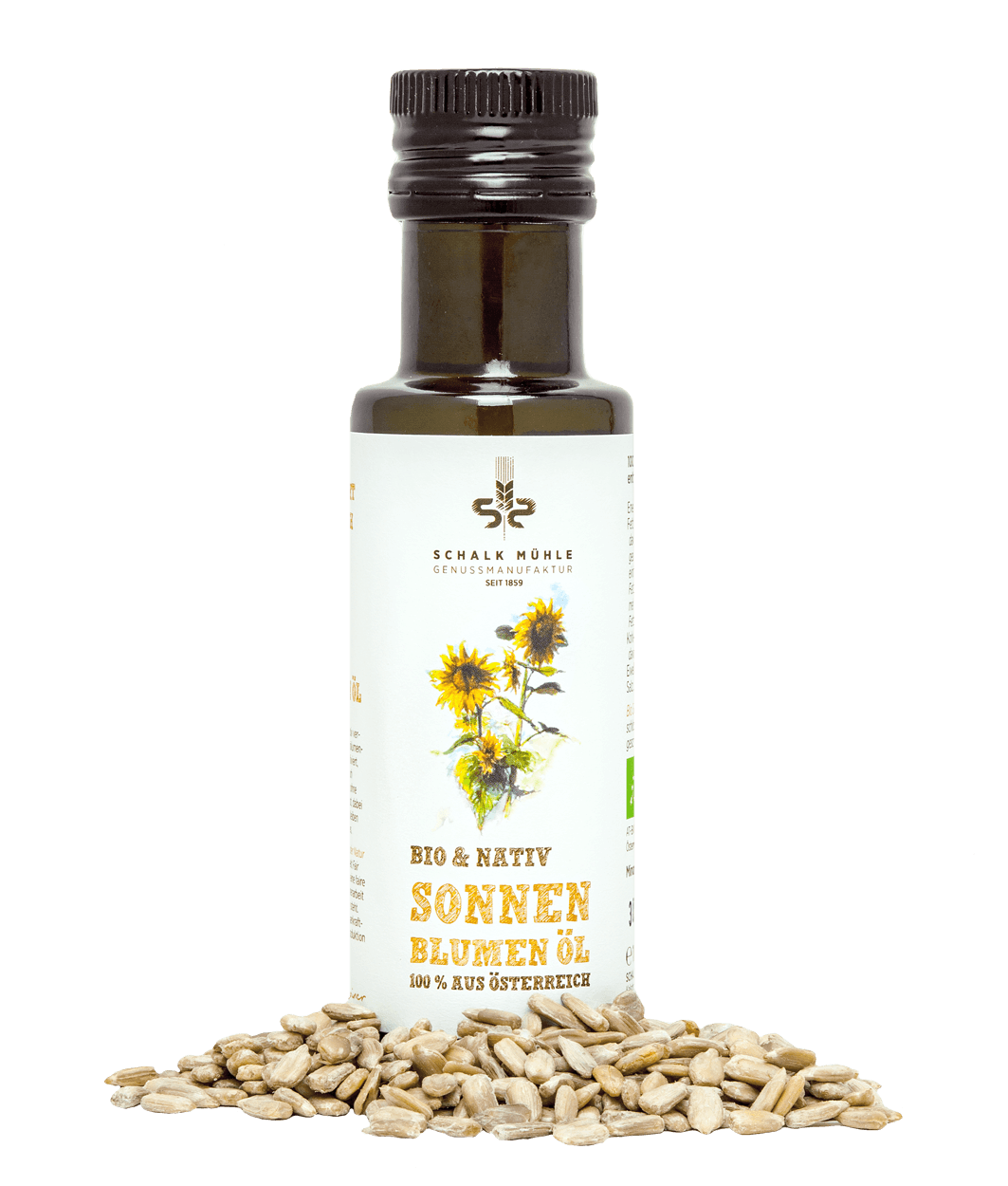 Schalk Mühle organic virgin sunflower oil, front of bottle with sunflower illustration, with shelled sunflower seeds in front