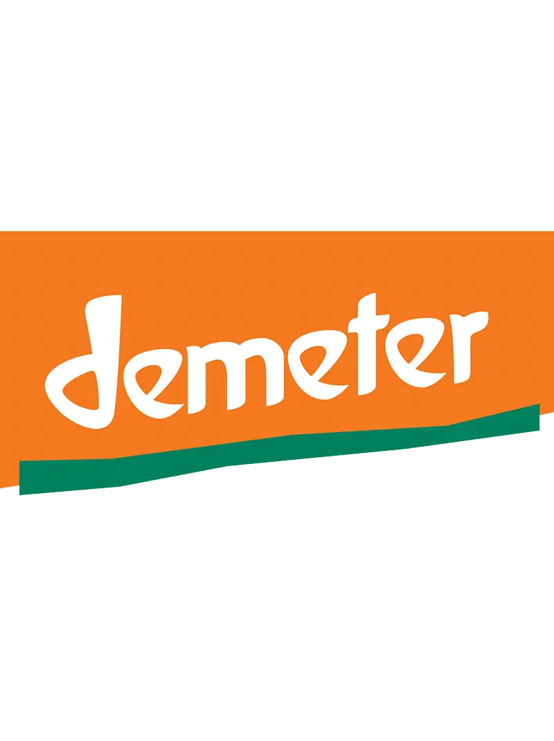 Demeter Logo für biodynamische Landwirtschaft, orange-grüner Schriftzug