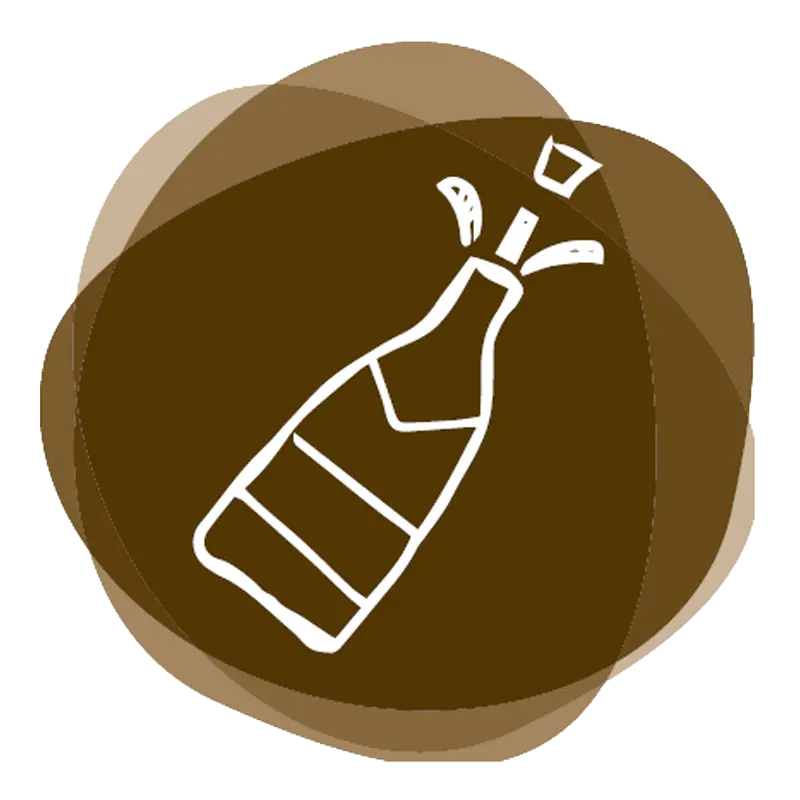 Illustrated icon of an opened bottle of sparkling wine in shades of brown, career benefit company events