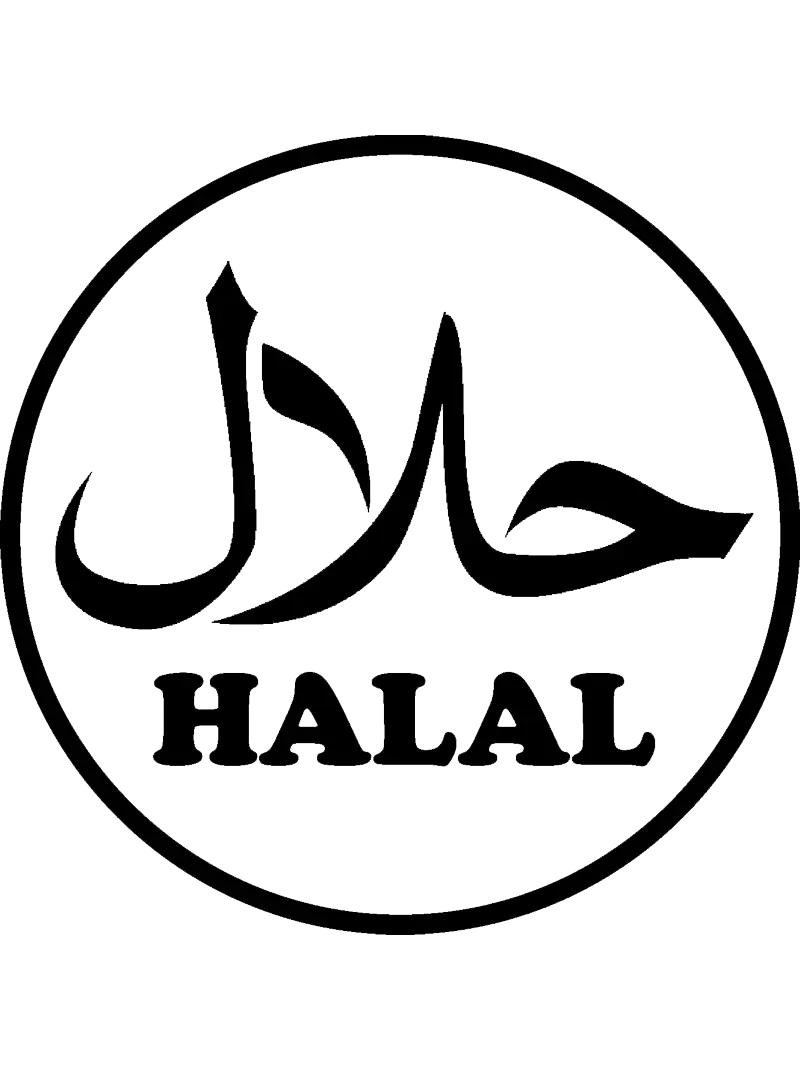 Halal Zertifizierungssiegel mit arabischer Schrift, schwarz-weißes Logo