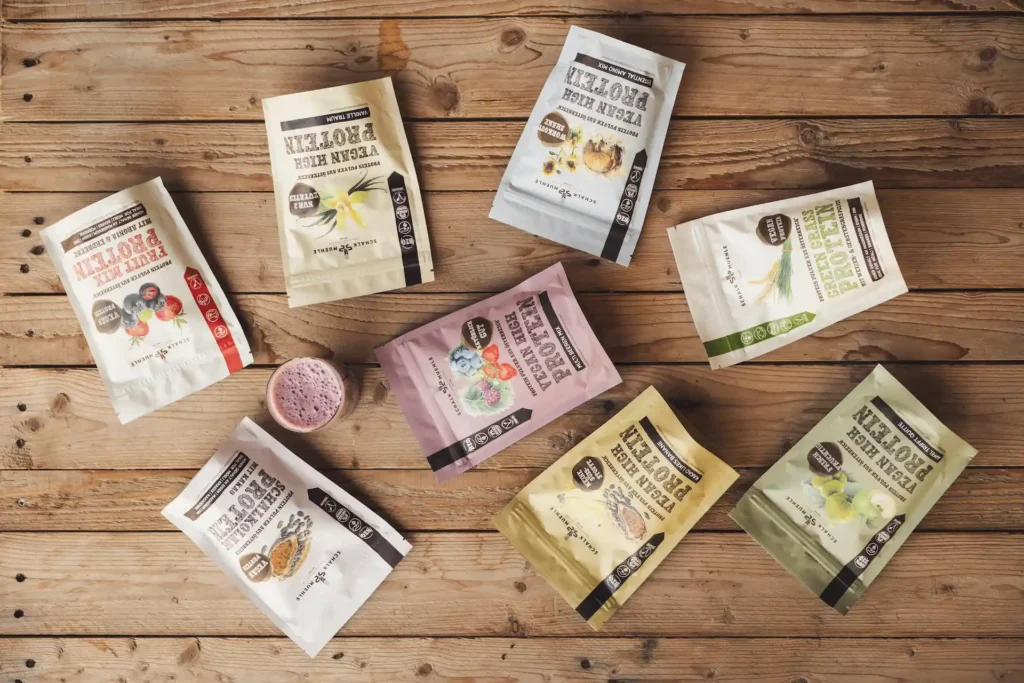 Various Schalk Mühle Vegan High Protein powder pouches: Fruit Mix, Vanilla, Green Grass, Pumpkin Seed and more
