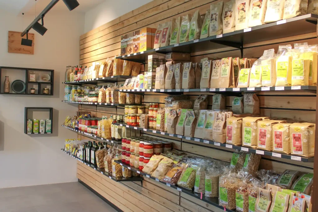 Farm shop shelves with organic flour, breads, pasta and delicatessen from Schalk Mühle