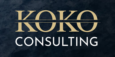 Logo of the Koko Consulting agency in gold and white on a dark background