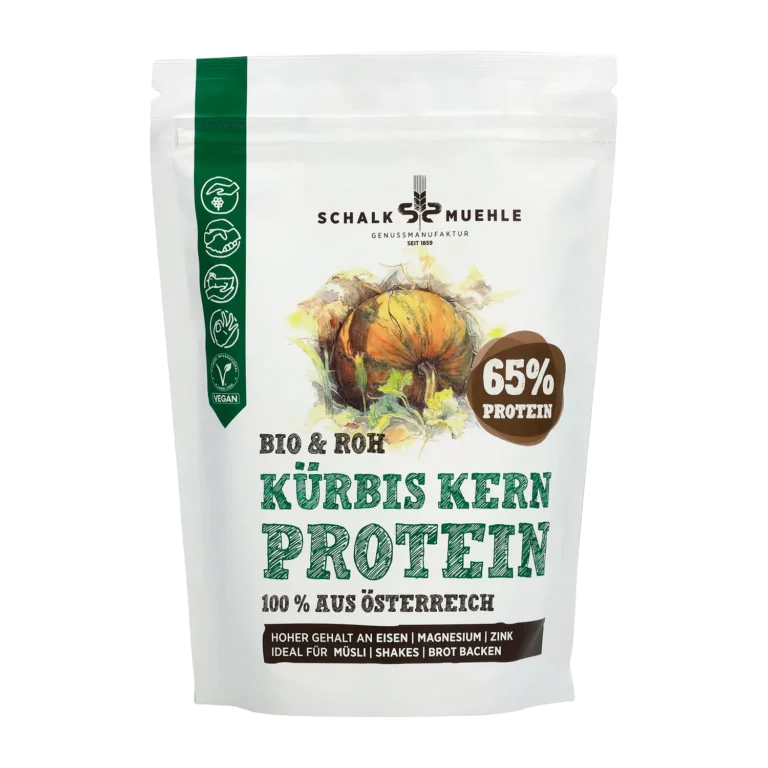 Schalk Mühle Kürbiskern Protein Pulver Bio und roh, Vorderseite mit 65 Prozent Protein