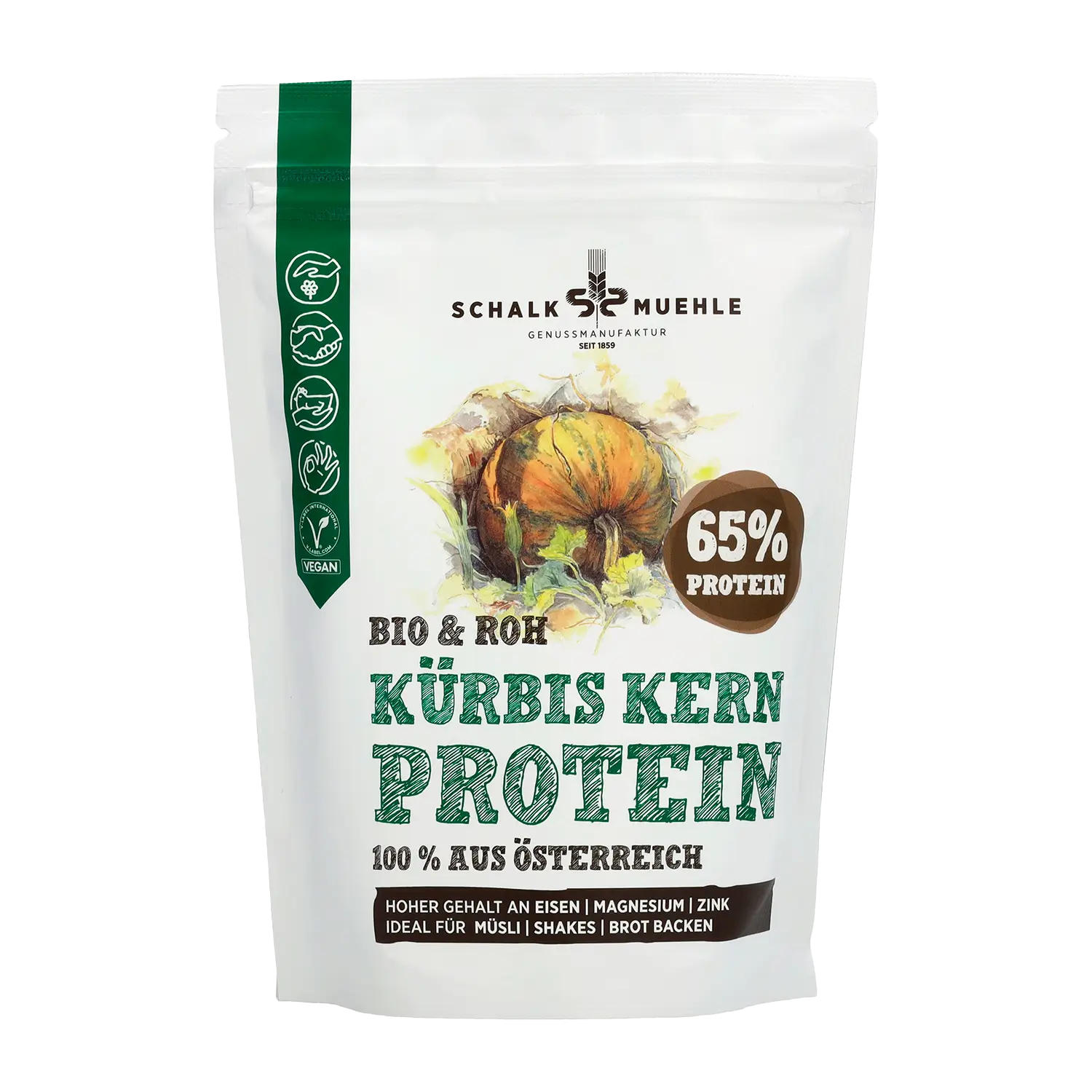 Schalk Mühle Pumpkin Seed Protein Powder organic and raw, front with 65 percent protein