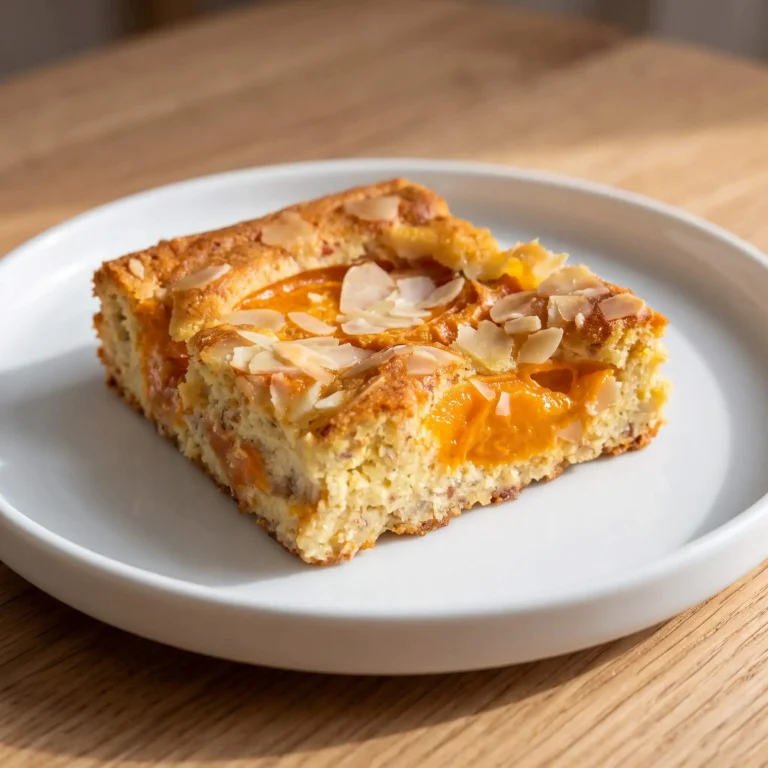 Mandel-Marillen Kuchen, gebacken mit Schalk Mühle Bio Vanille Protein Mix, auf weißem Teller
