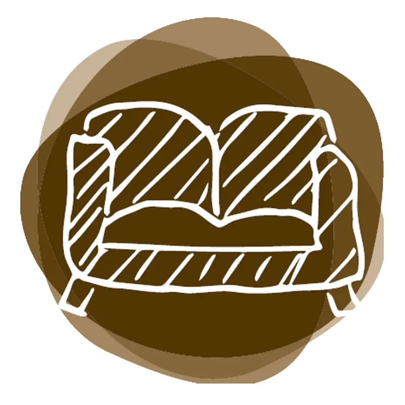 Illustrated icon of a sofa in shades of brown, career benefit break room at Schalk Mühle