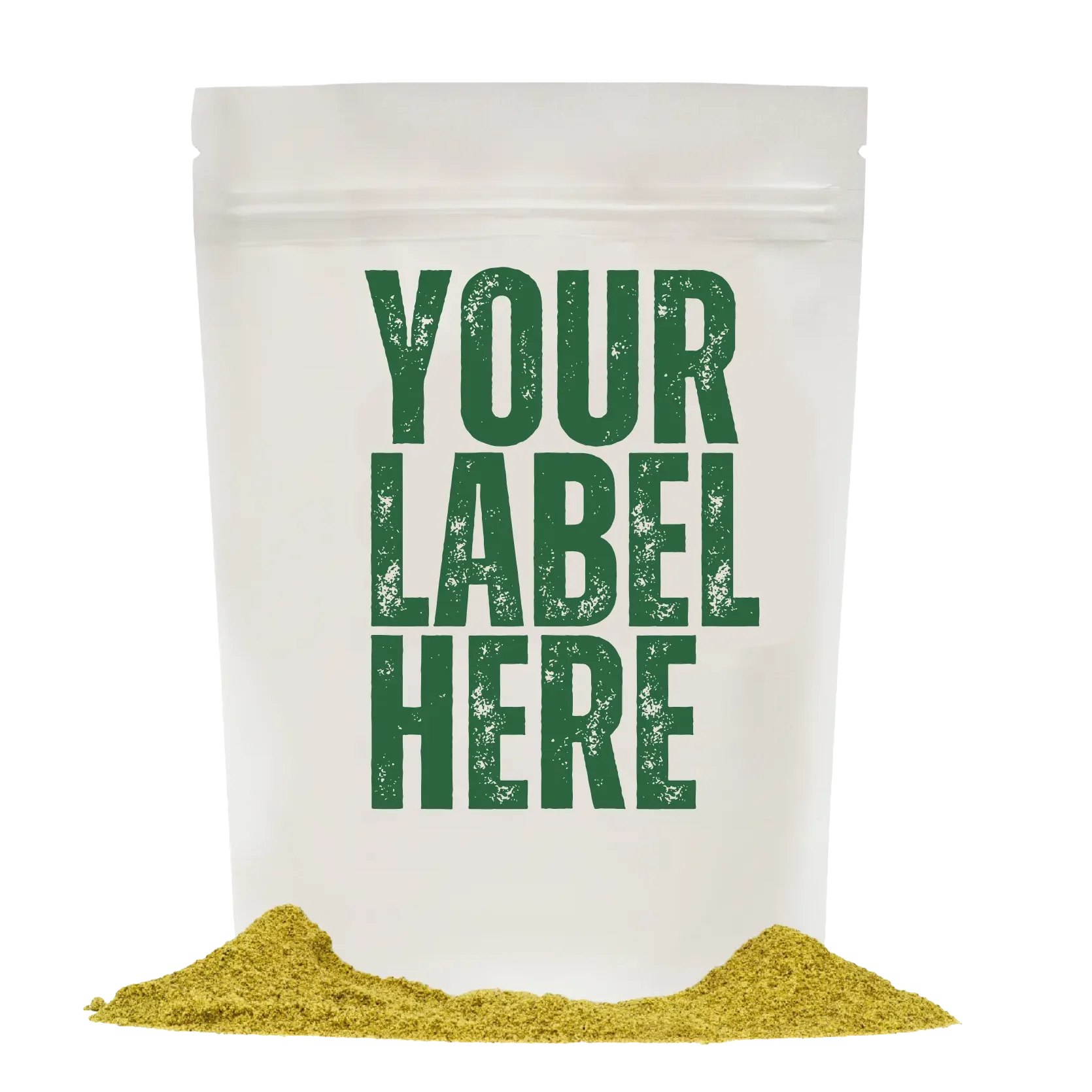 Weißer Standbodenbeutel mit grünem Proteinpulver und Aufdruck Your Label Here für Private-Label-Blends