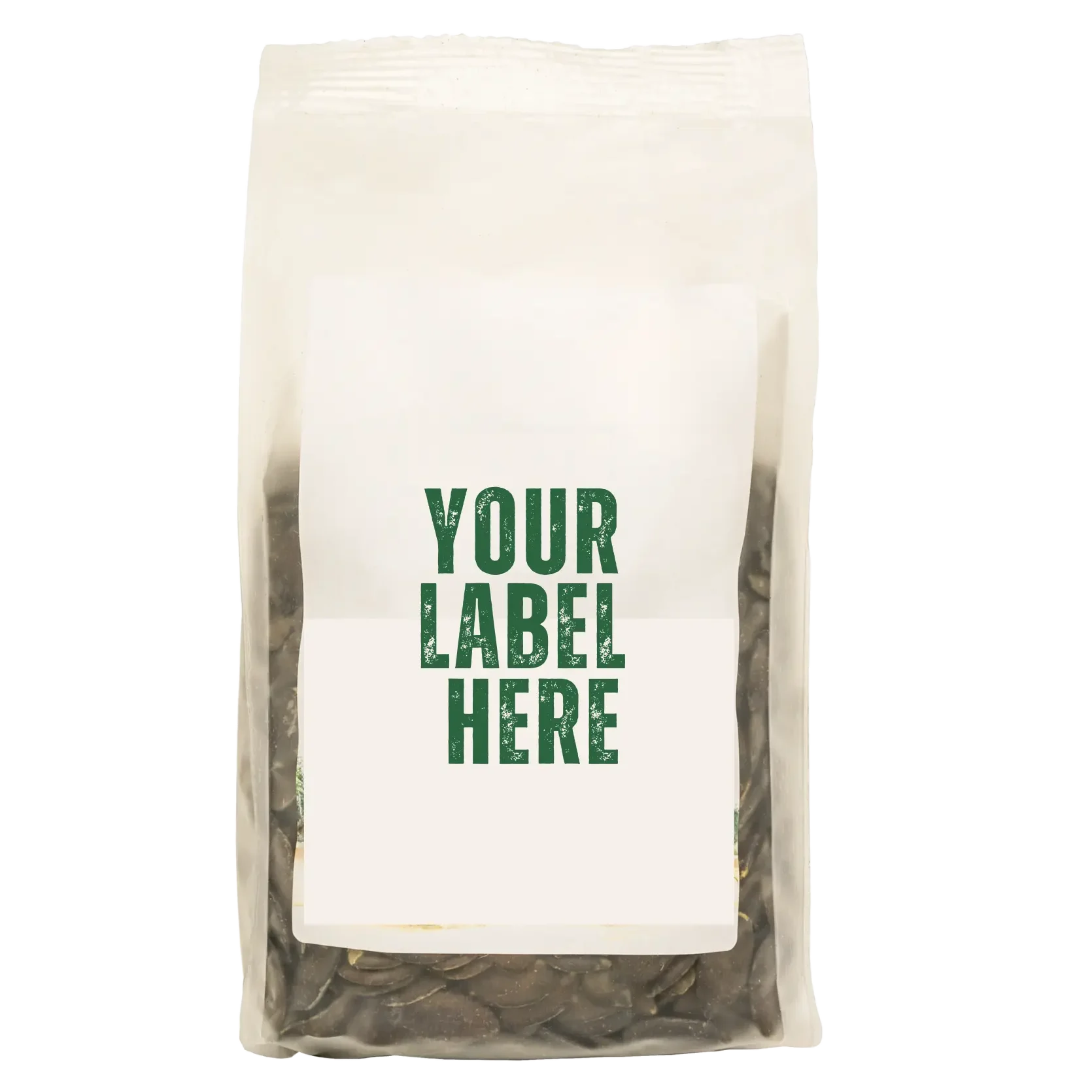Neutraler Beutel mit Kürbiskernen und Aufdruck Your Label Here für Private-Label-Saaten und Hülsenfrüchte