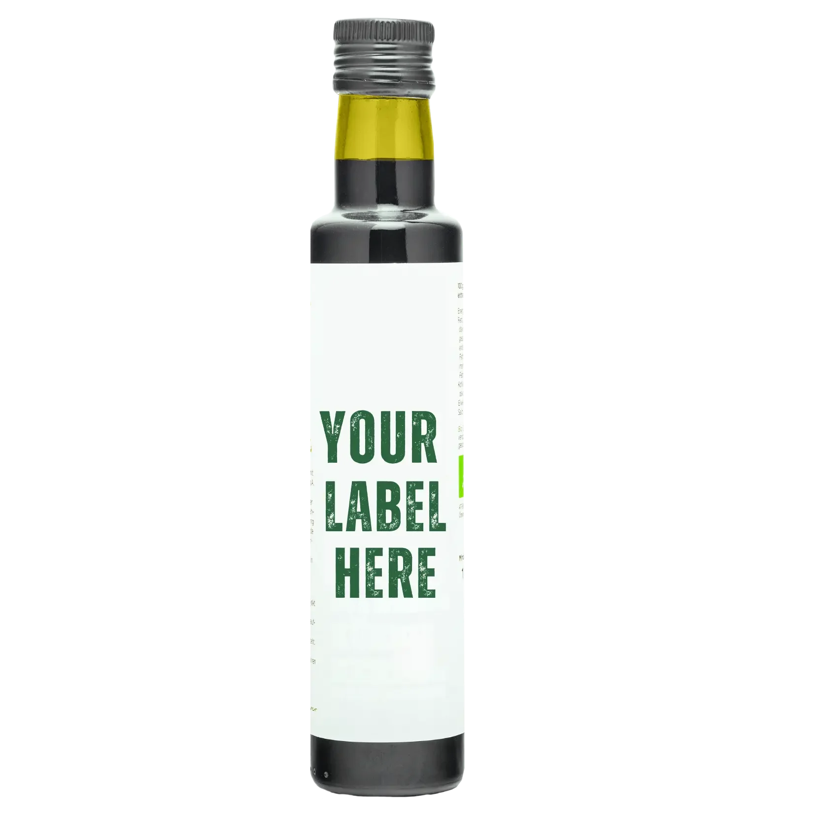 Dunkle Ölflasche mit neutralem Etikett Your Label Here für Private-Label-Öle der Schalk Mühle