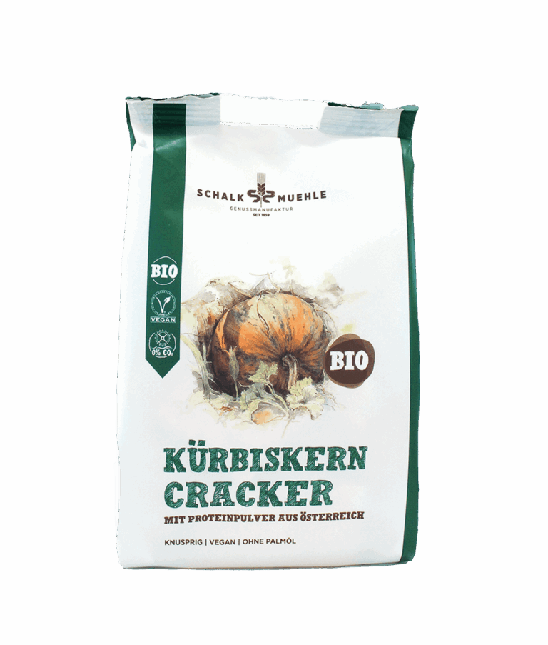 Schalk Mühle Bio Kürbiskern Cracker, Vorderseite der Verpackung