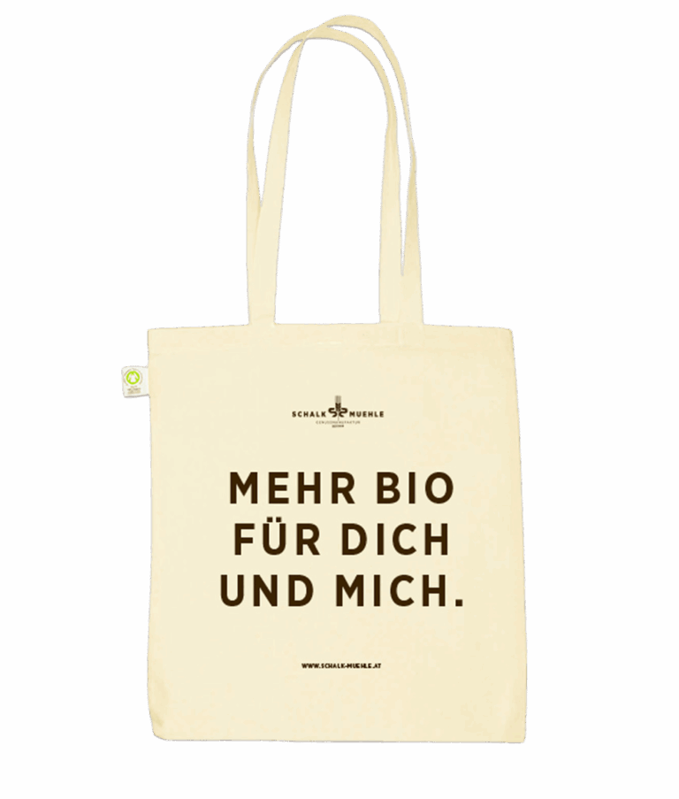 Schalk Mühle organic cotton tote bag in natural with logo and the slogan More organic for you and me