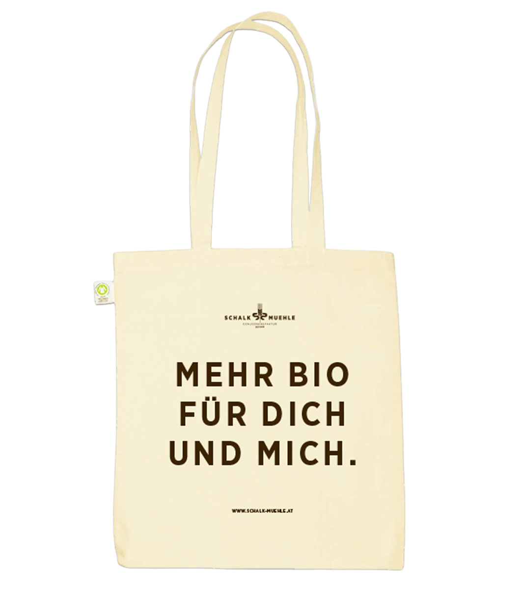Schalk Mühle Bio-Baumwolltasche in Natur mit Logo und Aufschrift Mehr Bio für dich und mich