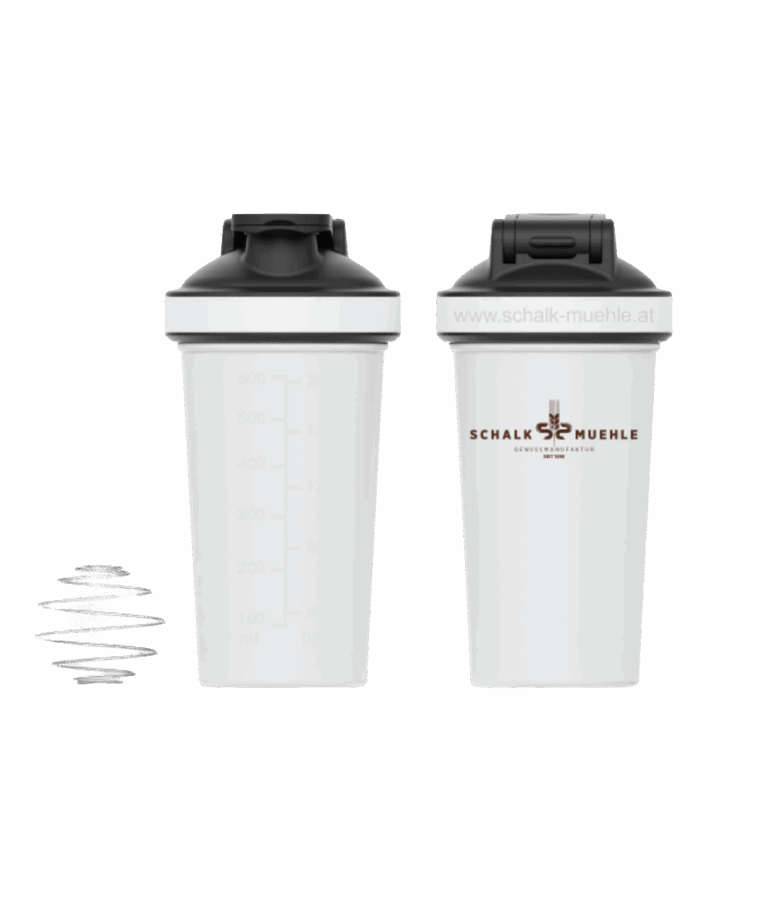 Schalk Mühle shaker with measuring scale and logo, next to it the mixing spring