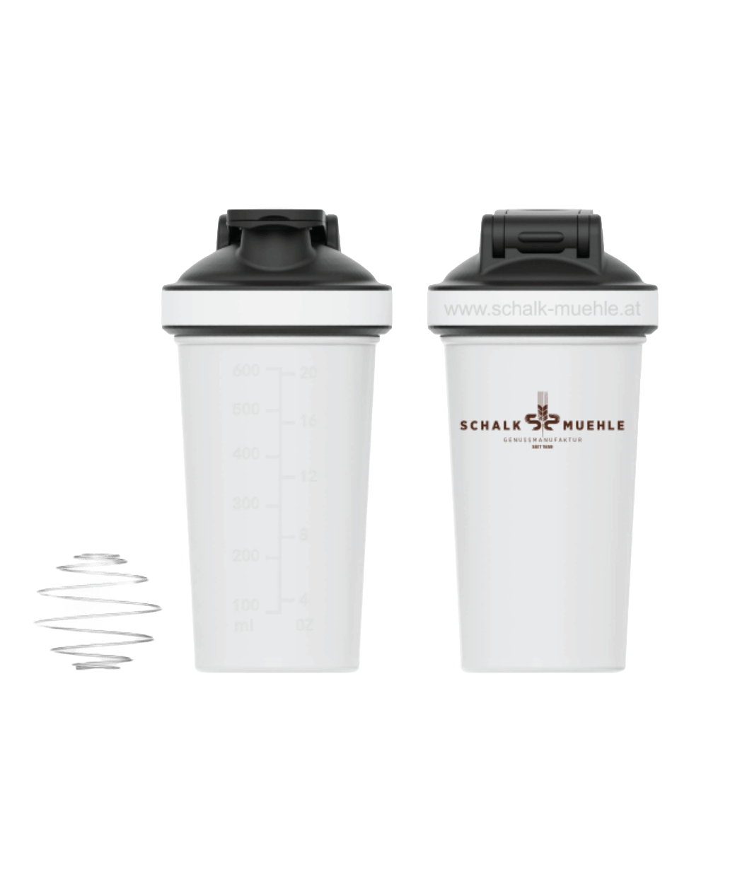 Shaker der Schalk Mühle mit Messskala und Logo, daneben die Mixfeder