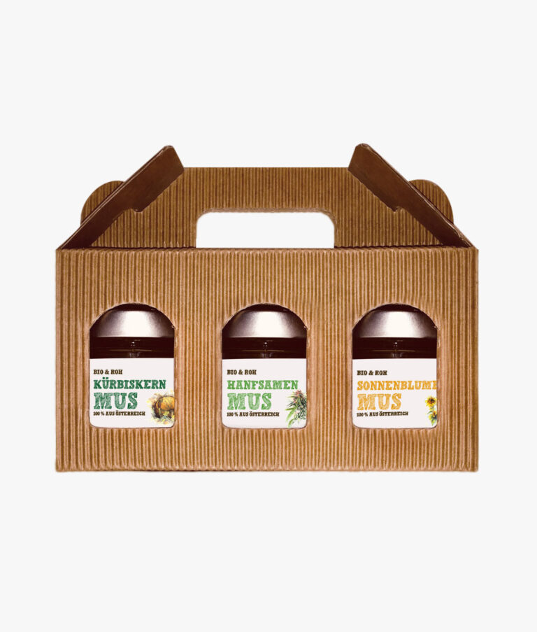 Gift box with three jars of Schalk Mühle organic purée: pumpkin seed, hemp seed, sunflower