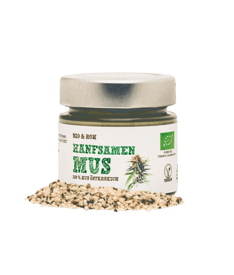 Schalk Mühle Organic Hemp Seed Purée, front of the jar, peeled hemp seeds in front