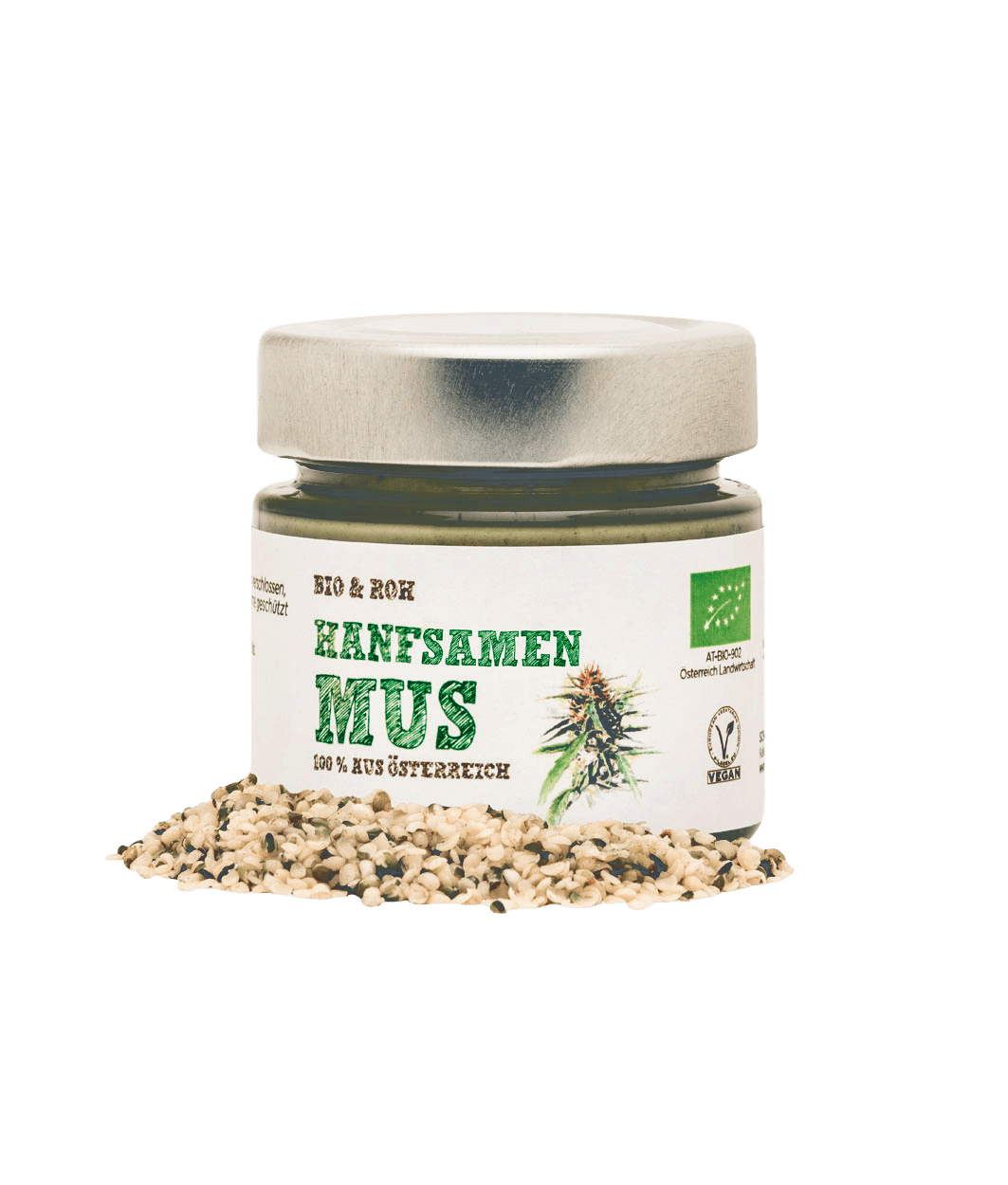 Schalk Mühle Organic Hemp Seed Purée, front of the jar, peeled hemp seeds in front