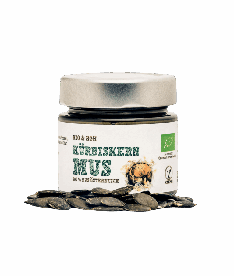 Schalk Mühle Bio Kürbiskern Mus, Vorderseite des Glases, davor Kürbiskerne