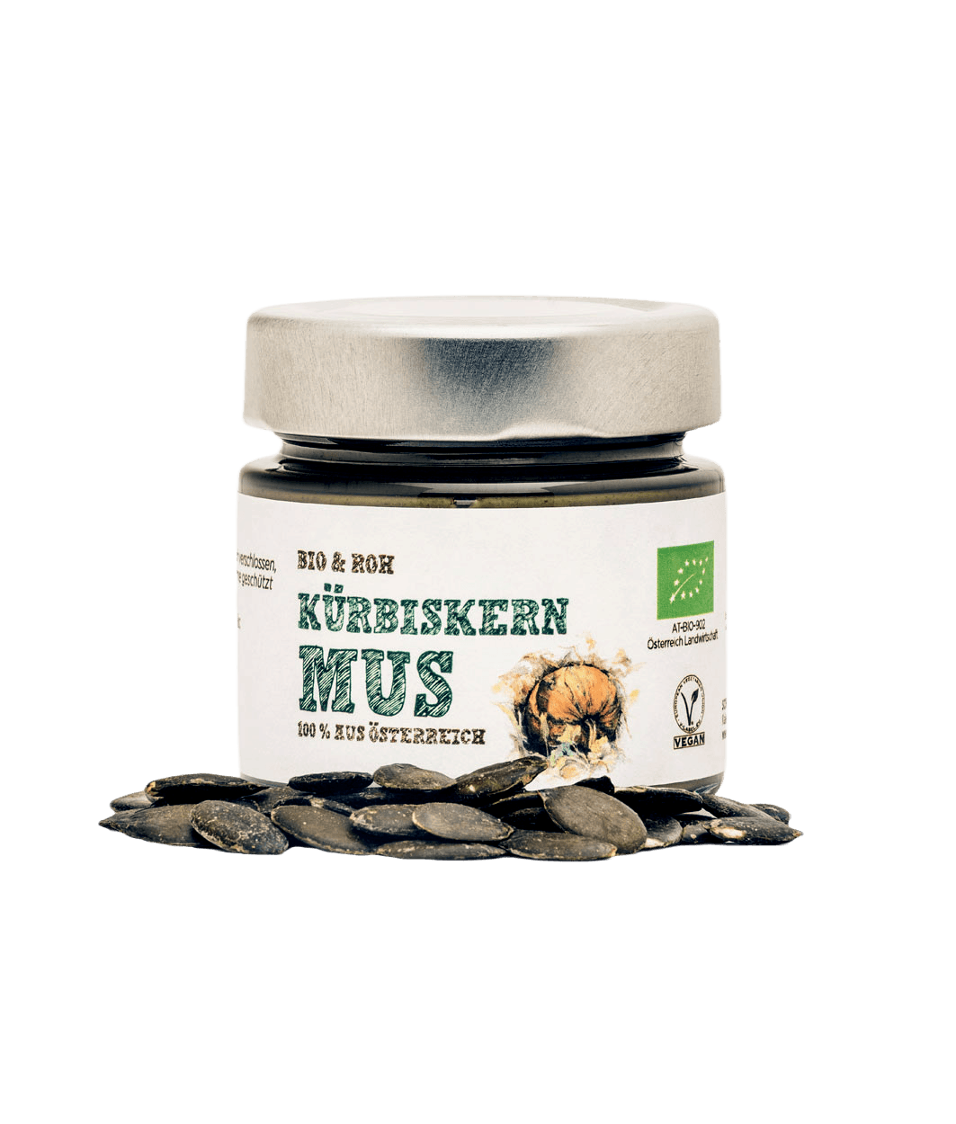 Schalk Mühle organic pumpkin seed butter, front of jar, with pumpkin seeds in front