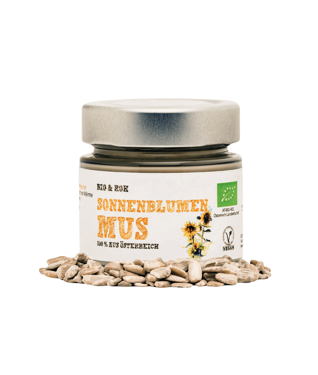 Schalk Mühle organic sunflower purée, front of jar, with shelled sunflower kernels in front