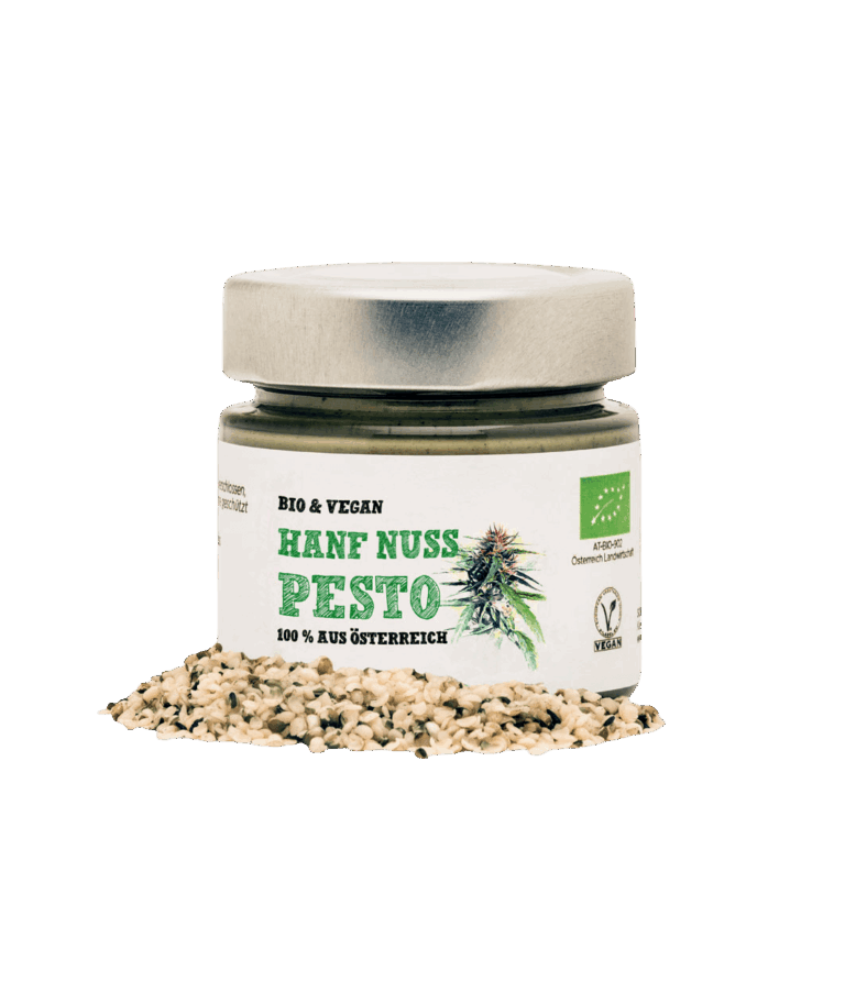 Schalk Mühle Bio Hanf Nuss Pesto, Vorderseite des Glases, davor geschälte Hanfsamen