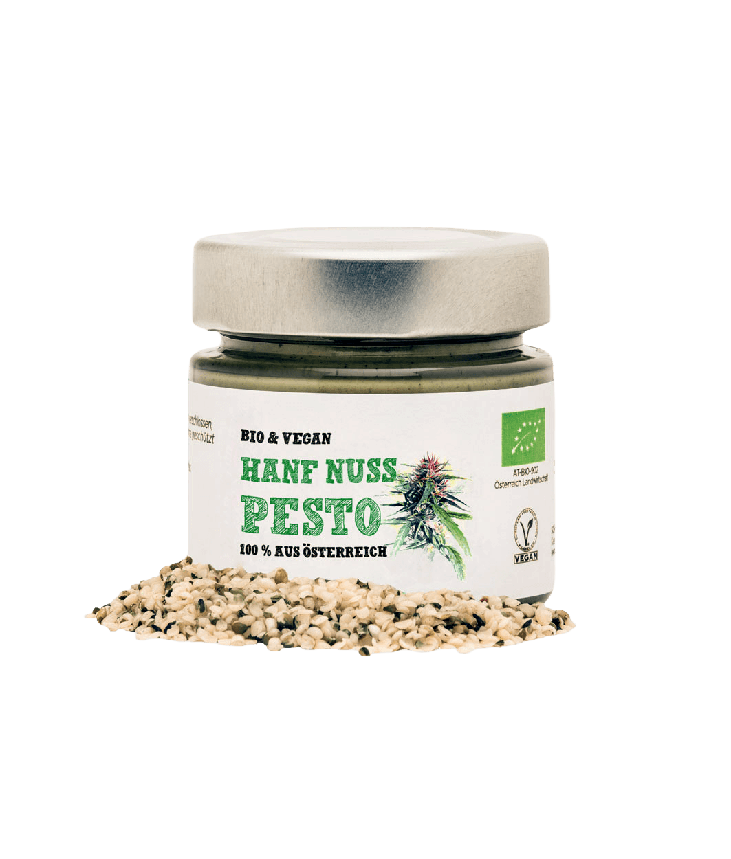 Schalk Mühle Bio Hanf Nuss Pesto, Vorderseite des Glases, davor geschälte Hanfsamen