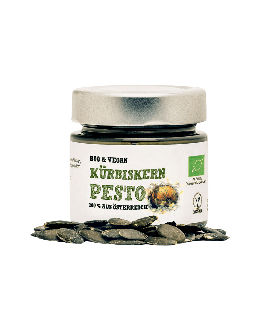 Schalk Mühle Bio Kürbiskern Pesto, Vorderseite des Glases, davor Kürbiskerne
