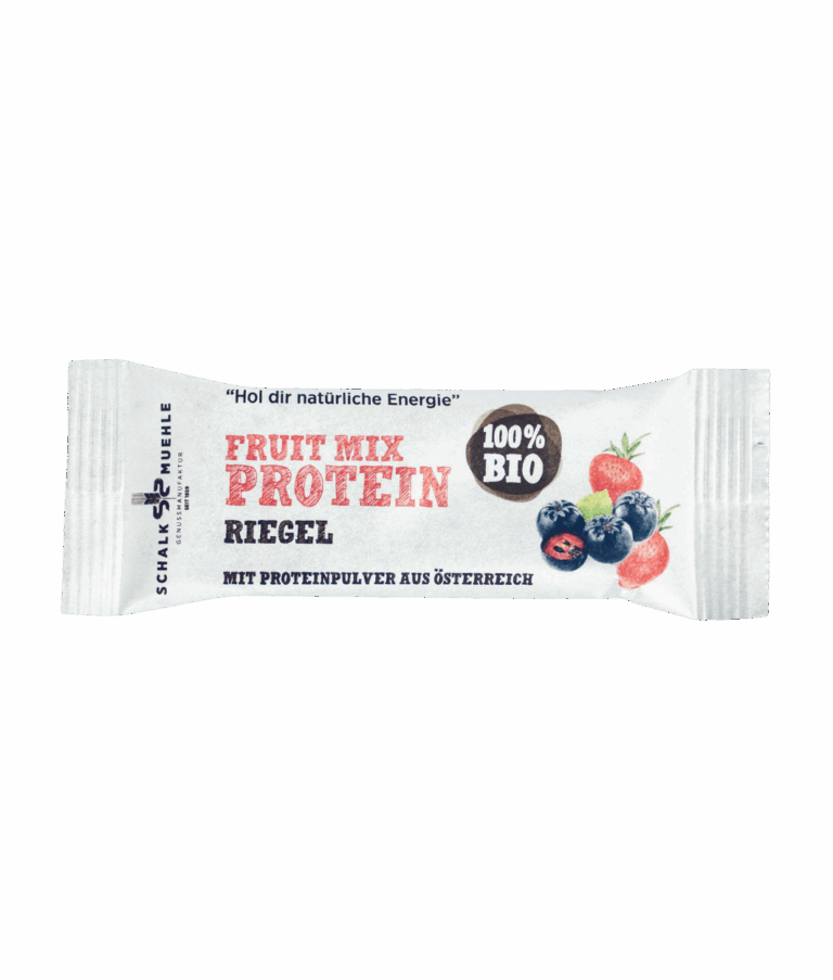 Bio Fruit Mix Proteinriegel der Schalk Mühle – Vorderseite der Verpackung