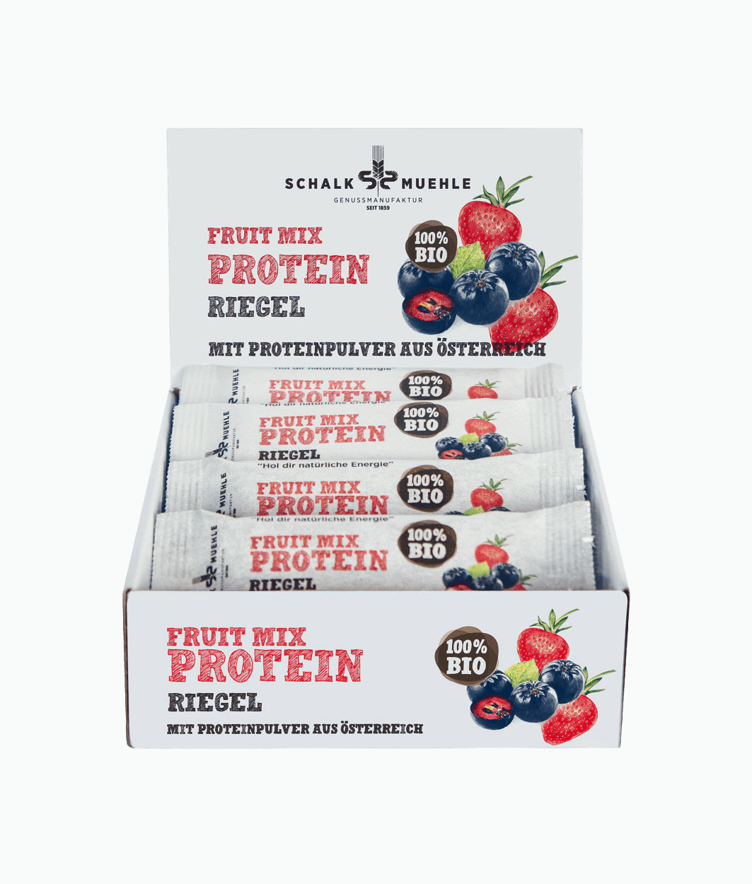 Organic Fruit Mix Protein Bar from Schalk Mühle – front of packaging in the box