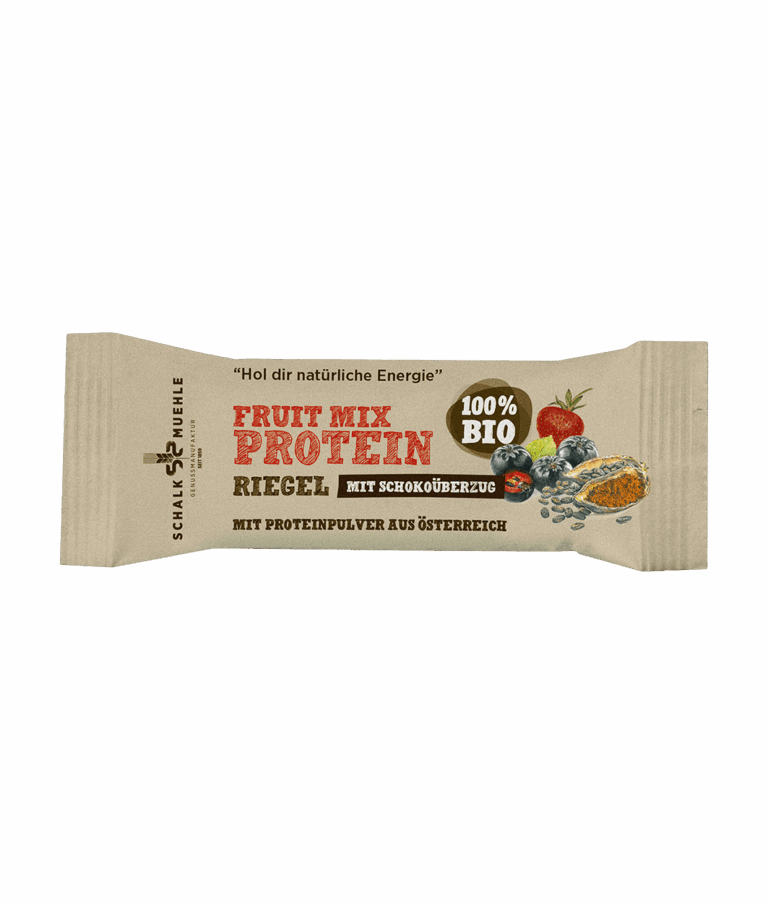Bio Fruit Mix Proteinriegel schokoliert der Schalk Mühle – Vorderseite der Verpackung