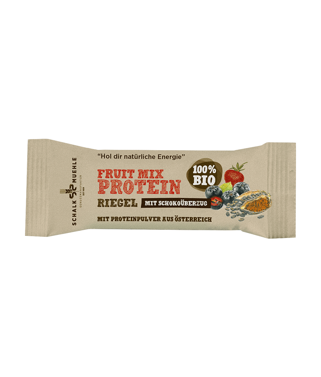 Schalk Mühle organic Fruit Mix protein bar chocolate coated – front of packaging