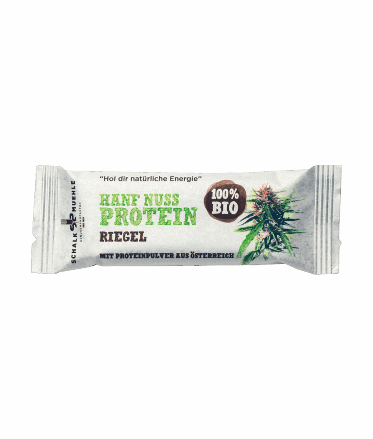 Bio Hanfsamen Proteinriegel der Schalk Mühle – Vorderseite der Verpackung