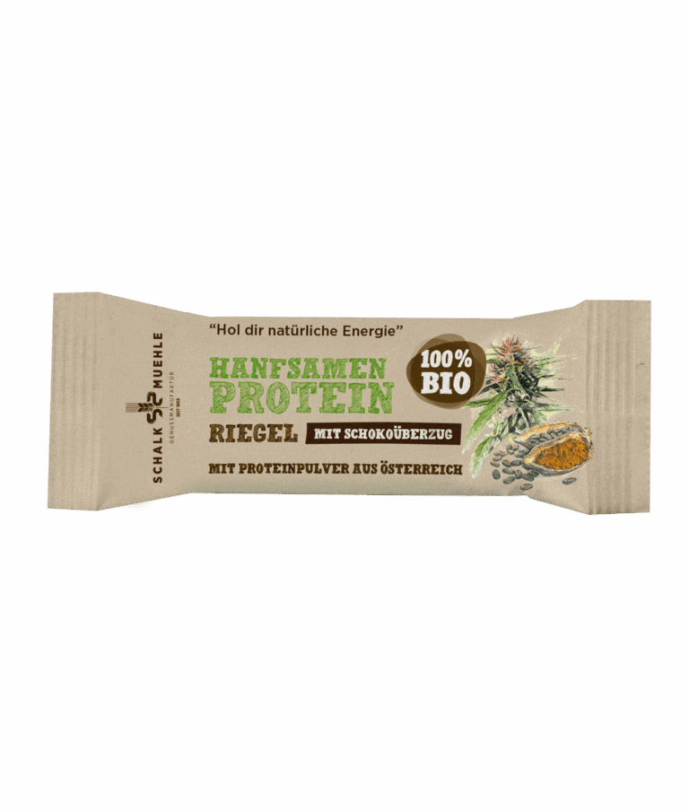Bio Hanfsamen Proteinriegel schokoliert der Schalk Mühle – Vorderseite der Verpackung