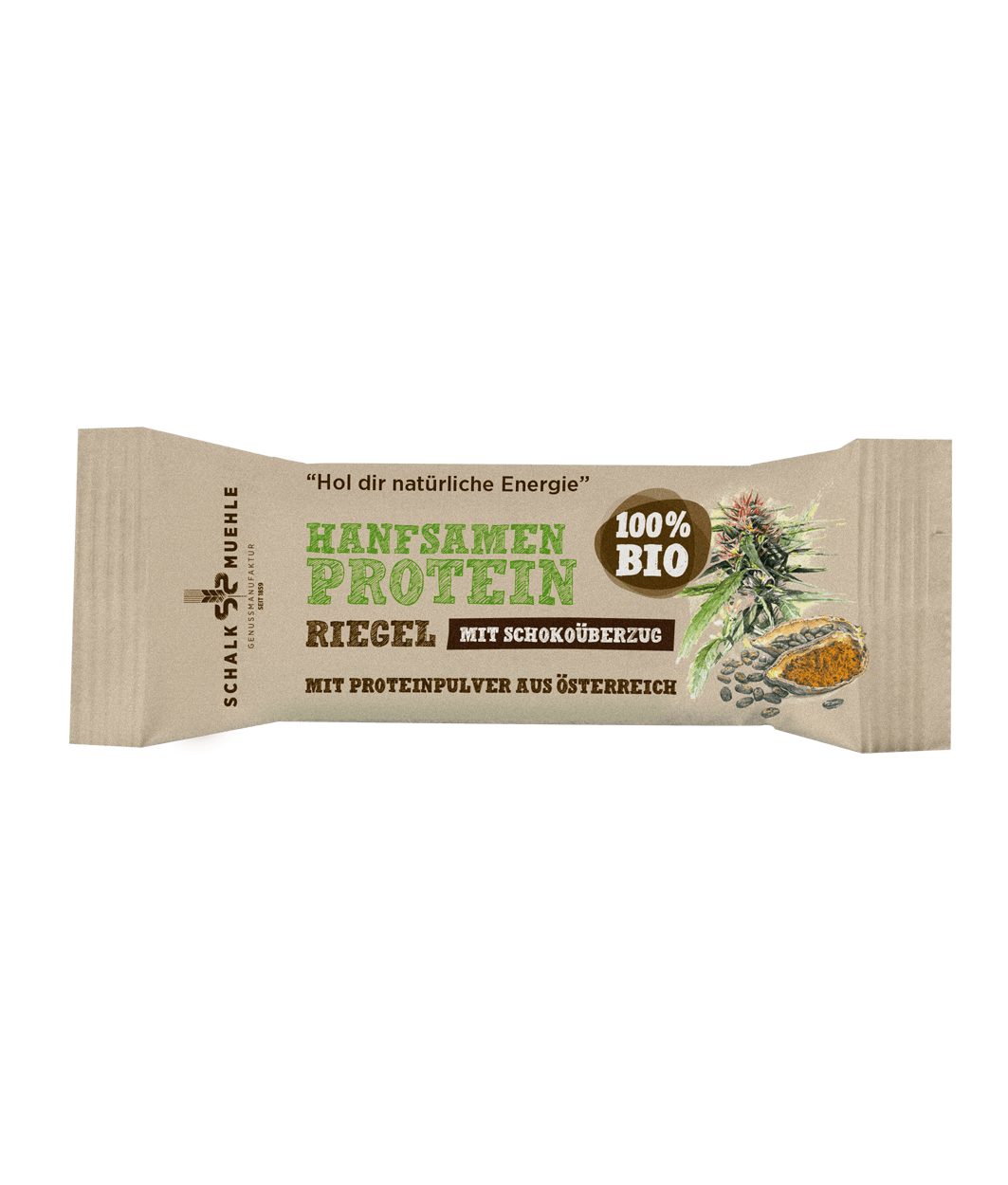 Organic hemp seed protein bar, chocolate-coated, by Schalk Mühle – front of pack