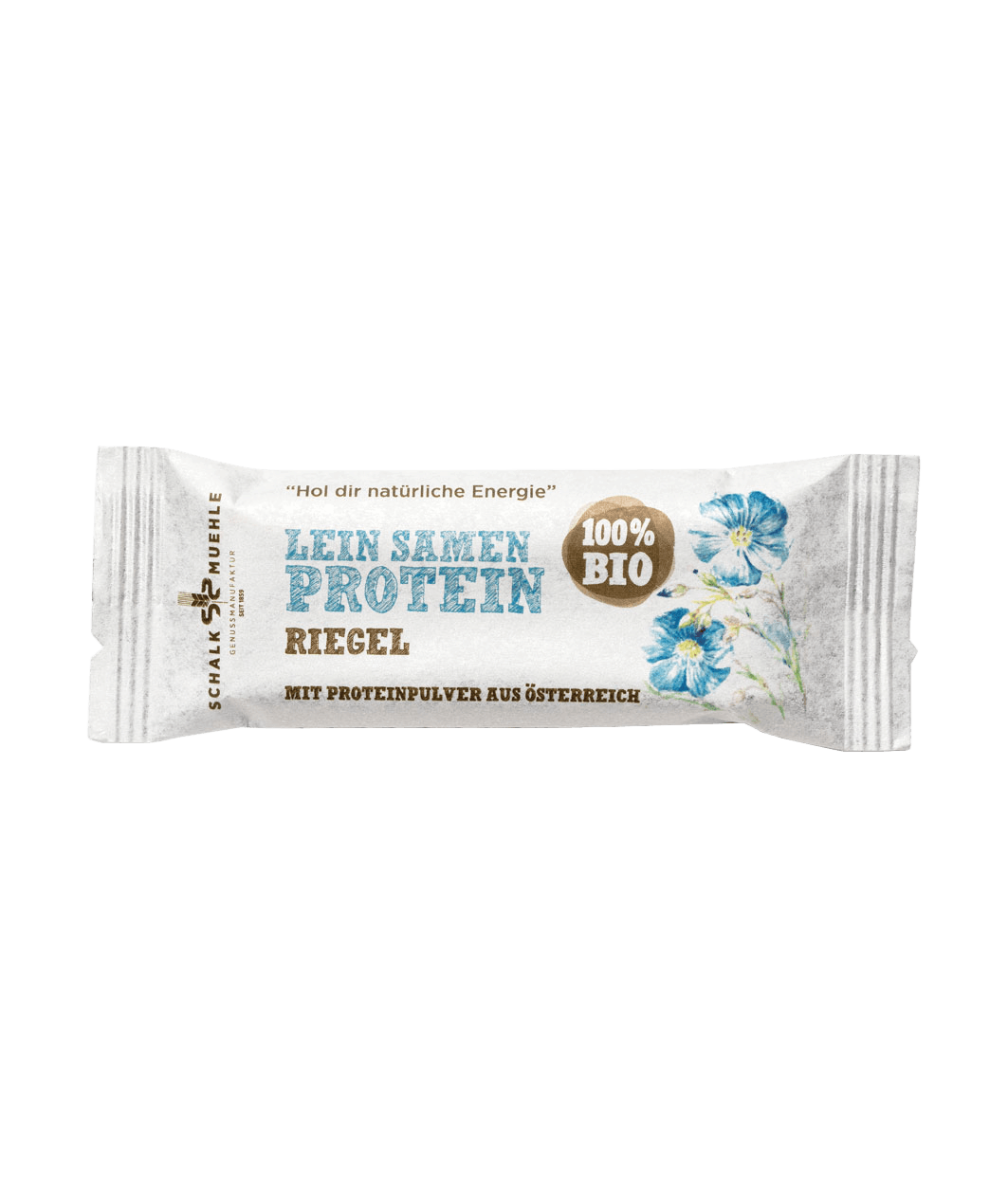 Schalk Mühle Bio Lein Samen Protein Riegel, Vorderseite der Verpackung