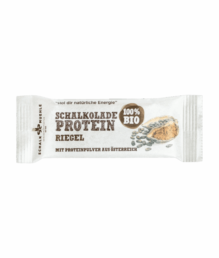 Schalk Mühle Bio Schalkolade Protein Riegel, Vorderseite der Verpackung