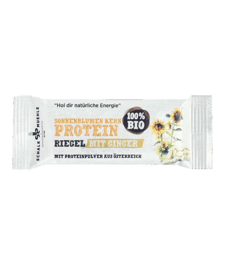 Bio Proteinriegel Sonnenblumenkern mit Ginger der Schalk Mühle – Vorderseite der Verpackung