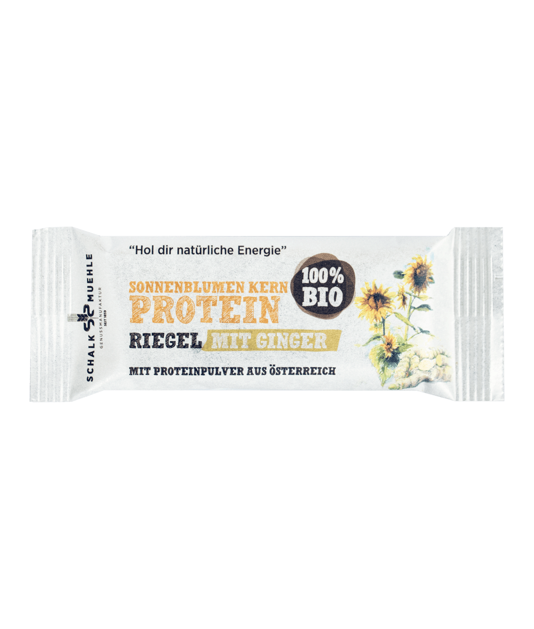 Organic Sunflower Seed Protein Bar with Ginger from Schalk Mühle – Front of packaging