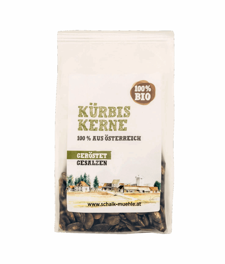 Schalk Mühle Bio Kürbiskerne geröstet und gesalzen, Vorderseite des Standbeutels