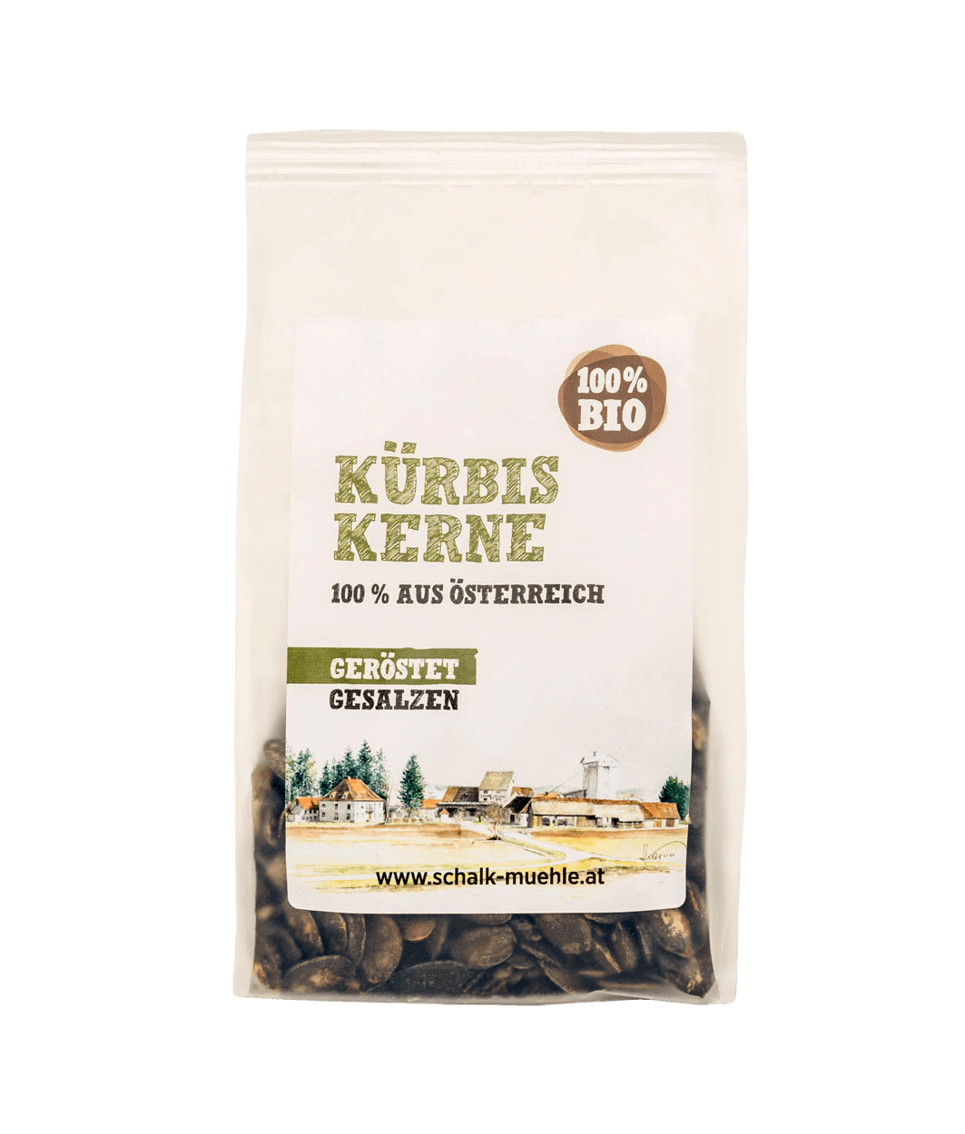 Schalk Mühle Bio Kürbiskerne geröstet und gesalzen, Vorderseite des Standbeutels