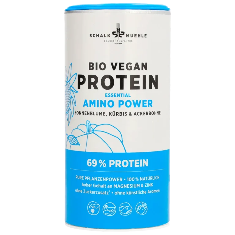 Schalk Mühle Bio Vegan Protein Amino Power, Vorderseite der Dose mit Sonnenblume, Kürbis und Ackerbohne