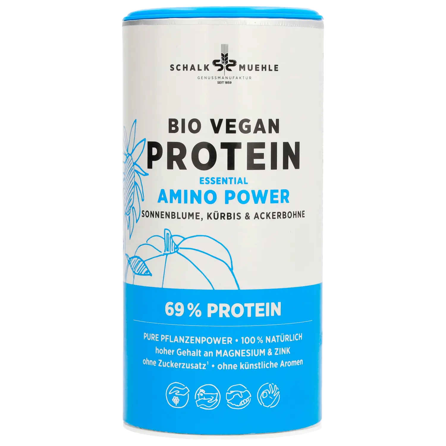 Schalk Mühle Bio Vegan Protein Amino Power, Vorderseite der Dose mit Sonnenblume, Kürbis und Ackerbohne