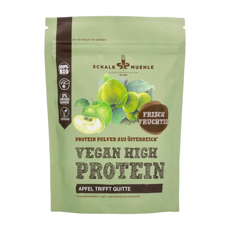 Schalk Mühle Vegan High Protein Apfel trifft Quitte Pulver, Vorderseite der Verpackung