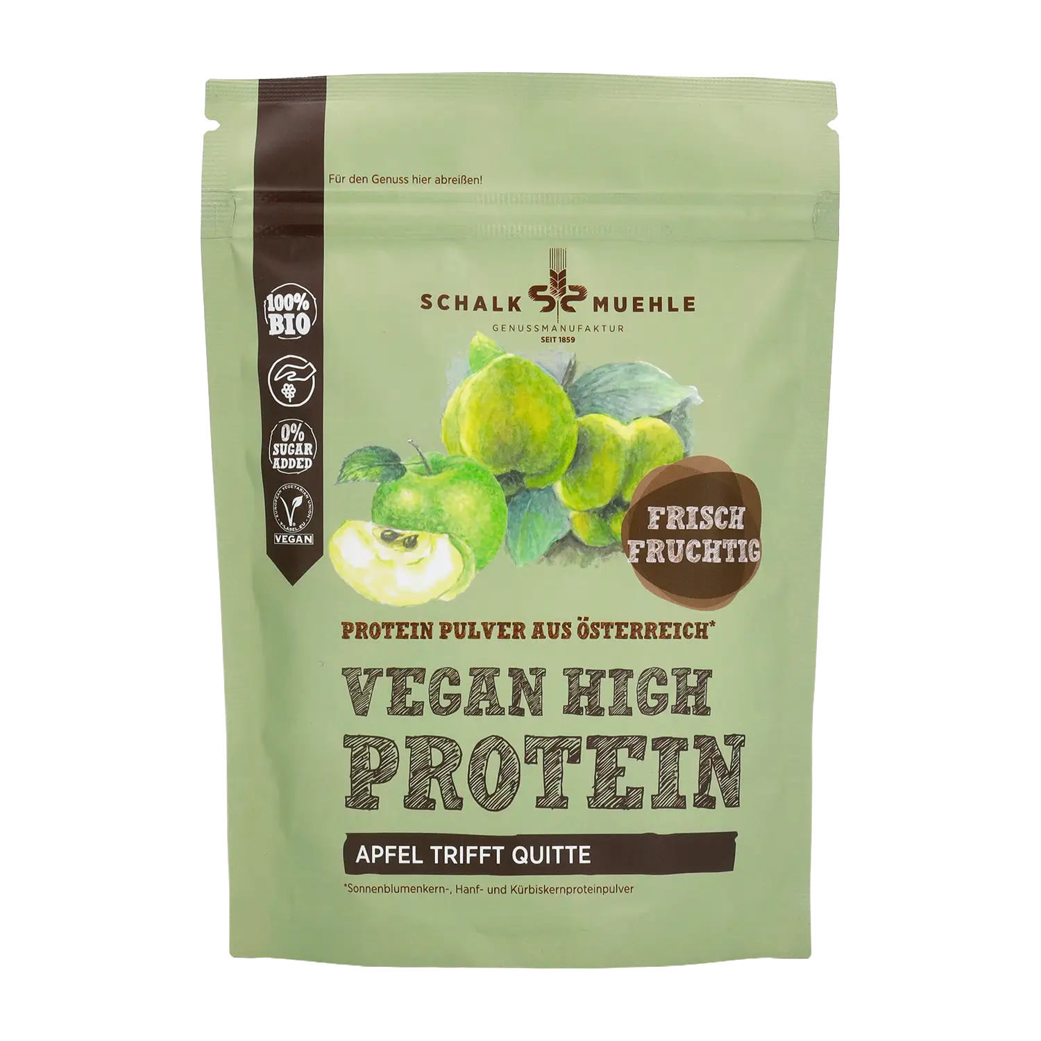 Schalk Mühle Vegan High Protein Apfel trifft Quitte Pulver, Vorderseite der Verpackung