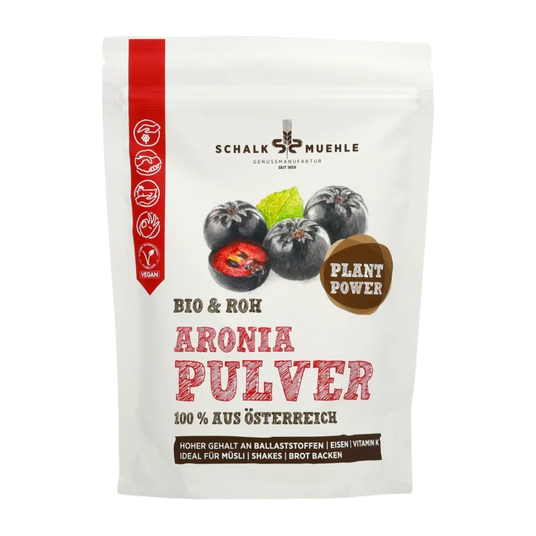 Schalk Mühle Aronia Pulver, Bio und roh, aus Österreich, Vorderseite der Verpackung