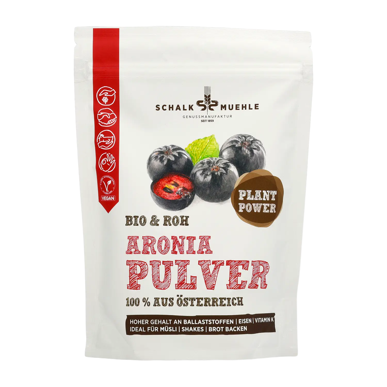 Schalk Mühle aronia powder, organic and raw, from Austria, front of packaging