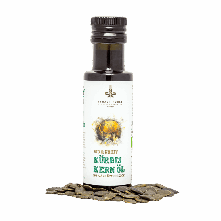 Bio Kürbiskernöl nativ der Schalk Mühle – Vorderseite der Verpackung, mit Saaten