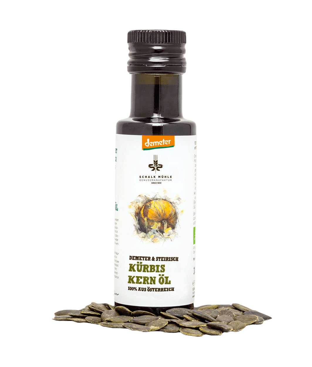 Organic Demeter Styrian pumpkin seed oil PGI from Schalk Mühle – front of the packaging, with seeds