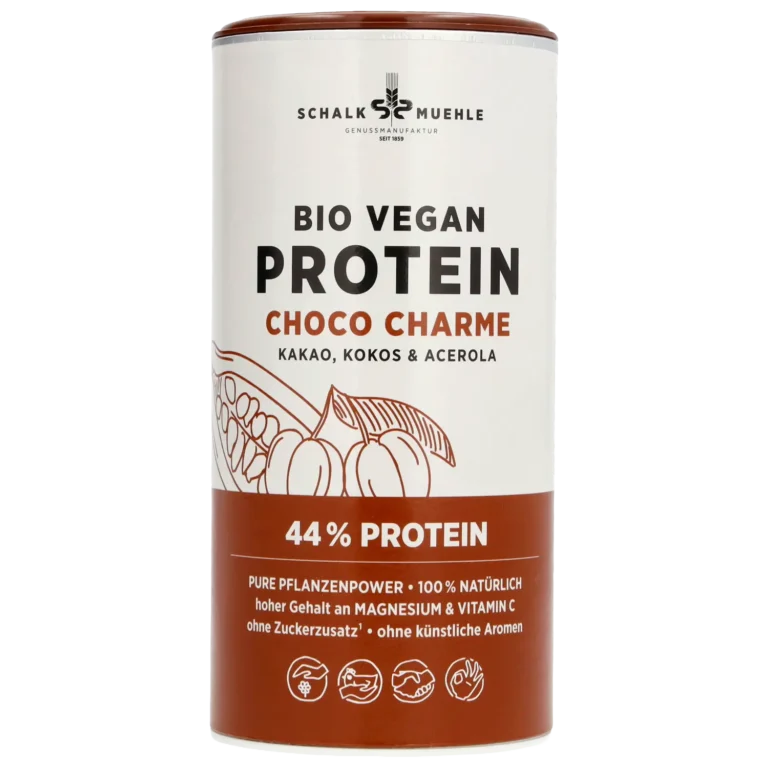 Schalk Mühle Bio Vegan Protein Choco Charme, Vorderseite der Dose mit Kakao, Kokos und Acerola